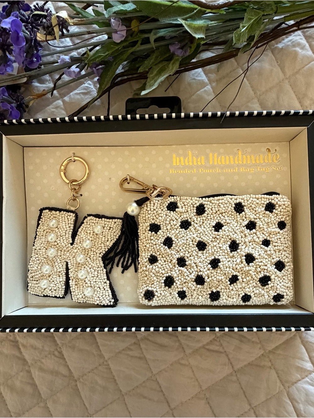 Hand-Beaded Cream Polka Dot Card Pouch & 'K' Keychain